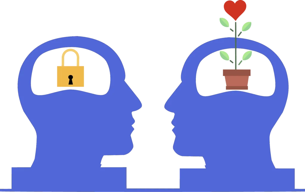 A silhouette of a head with a lock inside the brain facing a silhouette of a head with a flower sprouting out of the brain