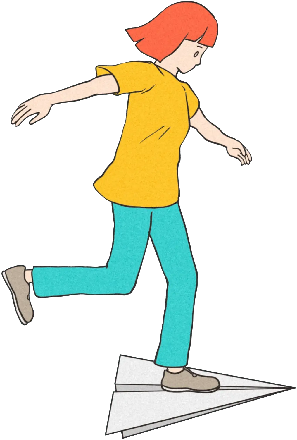 person standing on one foot on top of a paper airplane