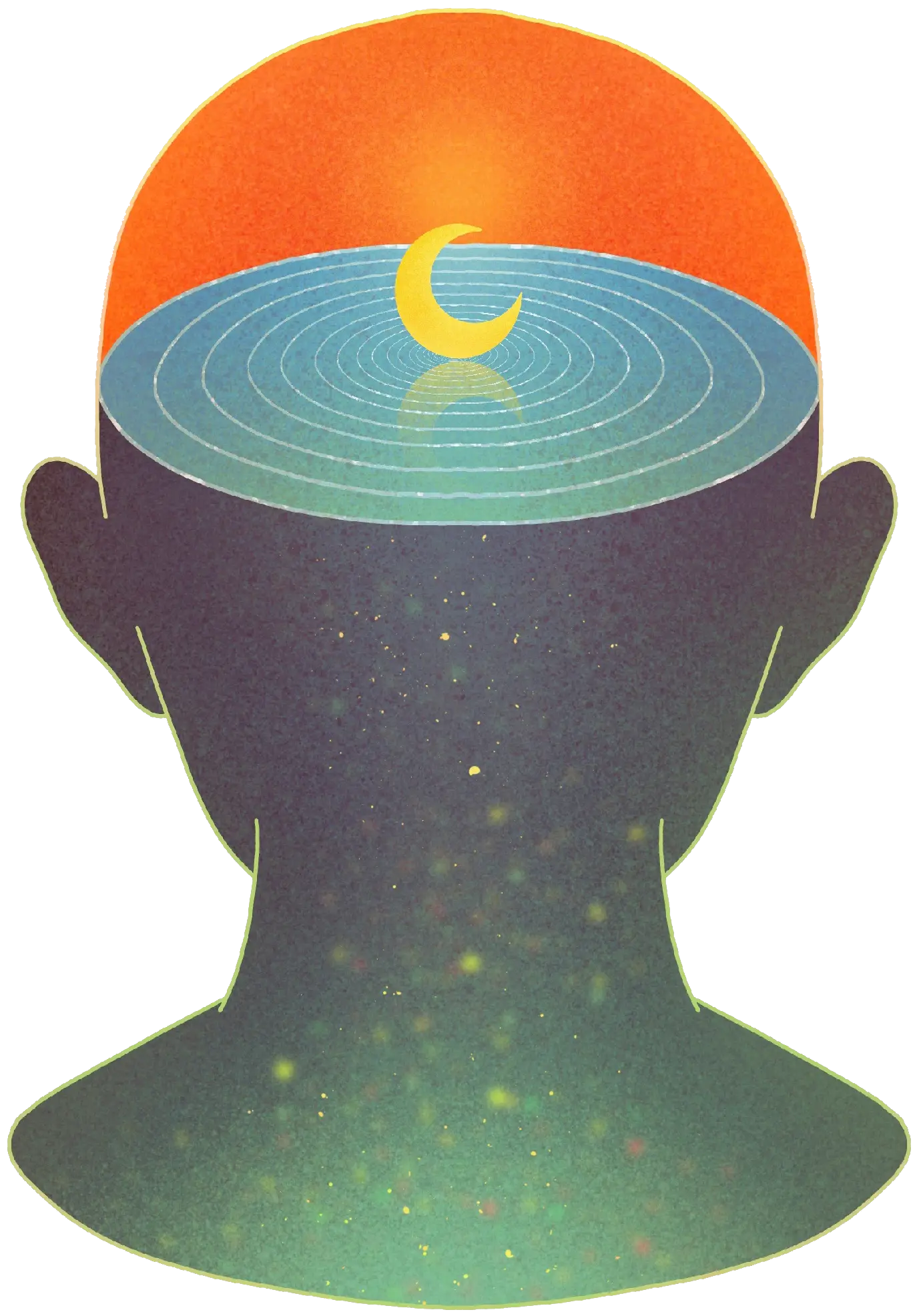 illustration of a head with the moon resting on a rippling pool of water at the center