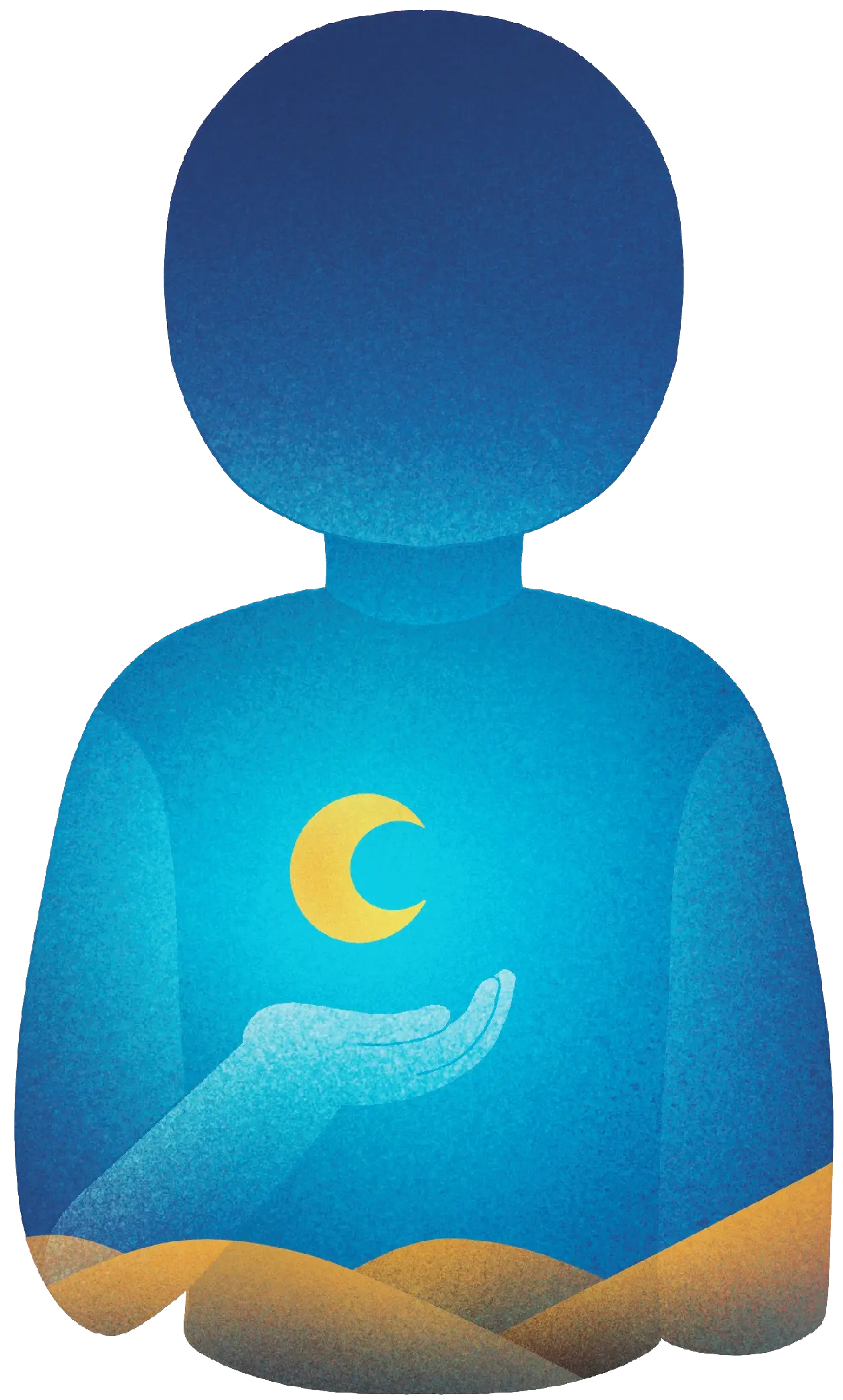 A silhouette of a person filled with the night sky over hills. They are holding the moon in their hand. The moon is placed over their heart.