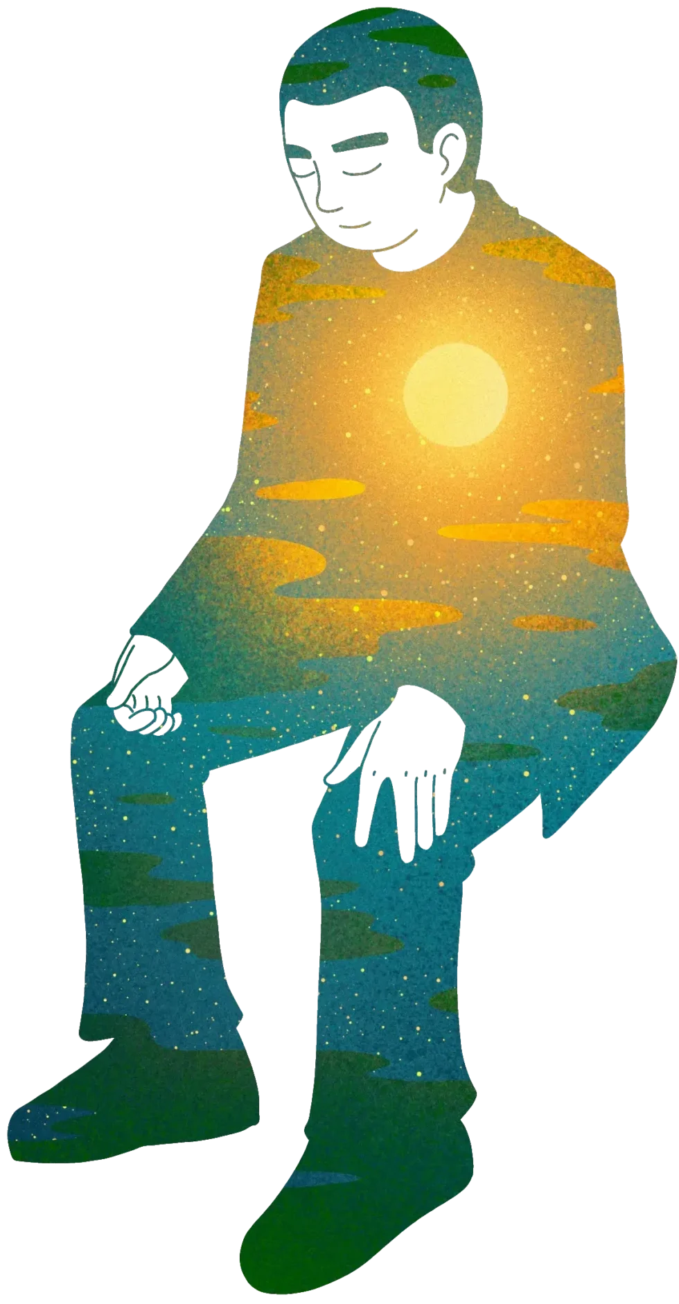 An illustration of a person who is seated with their eyes closed. They are filled with a cloudy sky and a glowing sun is positioned at their heart.