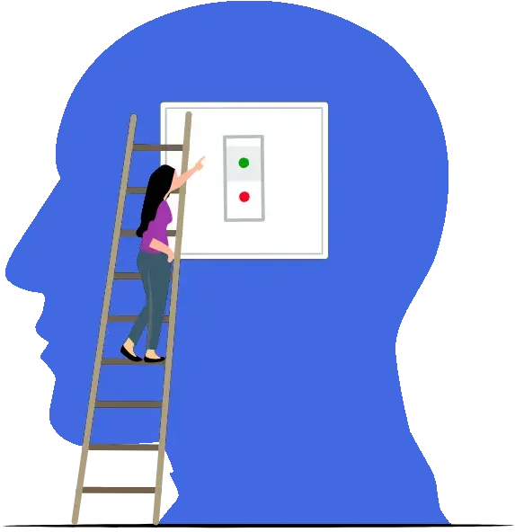 person climbing ladder to the brain turning a switch from red to green