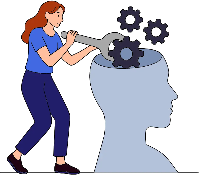a person uses a wrench to adjust gears inside the silhouette of a head
