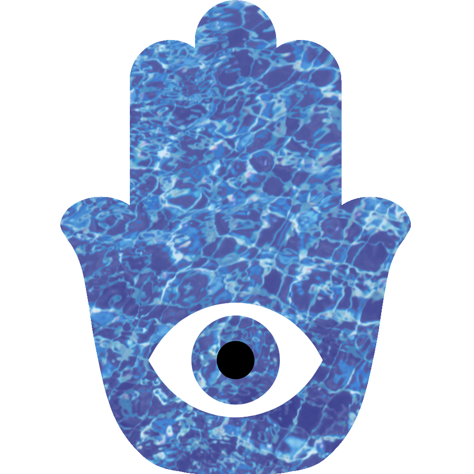 a hamsa symbol, hand with an eye on the palm, with a water texture on the hand and iris