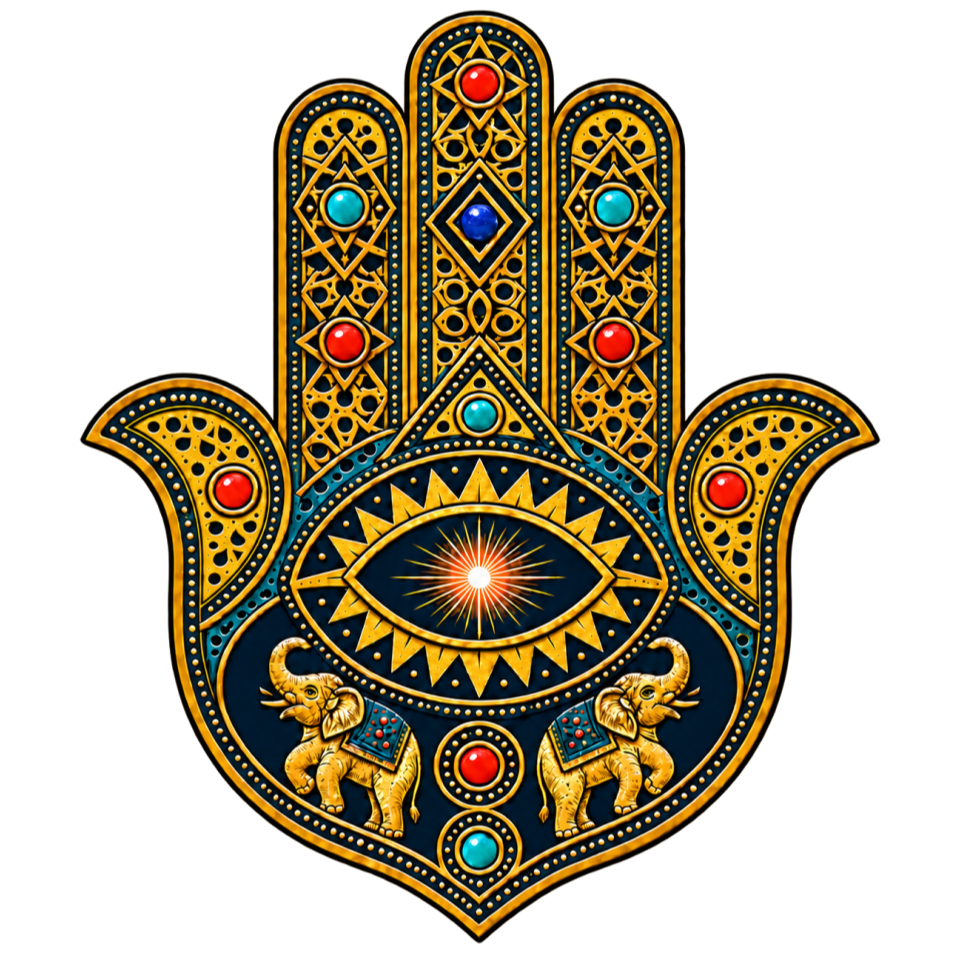 Hamsa with gold filigree and elephants
